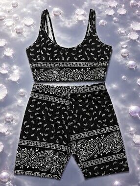 Black Paisley Crop Tank & Bike Short Set